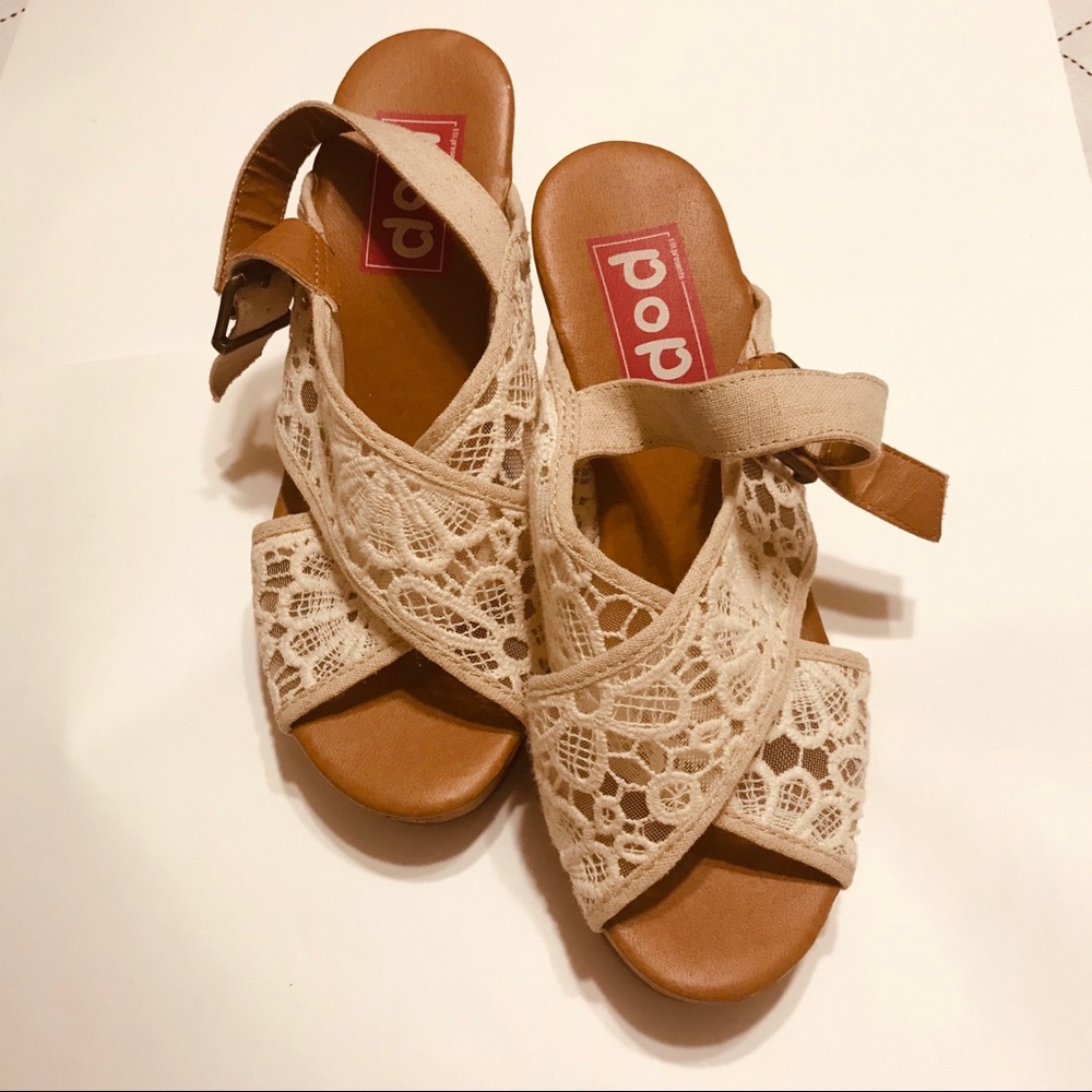 POP Women's Pattern Lace Cork Wedge Heels Size 7.5